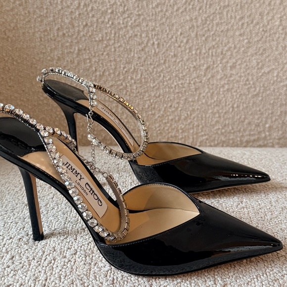 Jimmy Choo SAEDA 100mm EU 37 Black Patent Crystal-Ankle Strap Pointed Toe Pumps - Picture 2 of 6